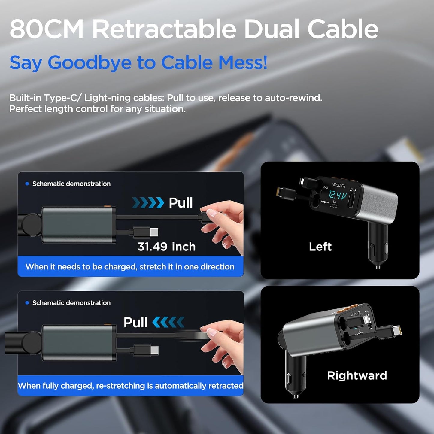 Retractable Car Charger,5 in 1 PD Car Phone Charger with Bluetooth 5.3 FM Transmitter,Handsfree Call and MP3 Player,2 Retractable Cables and USB Charging Adapter for Cars Phone,Galaxy,Pixel(Grey)